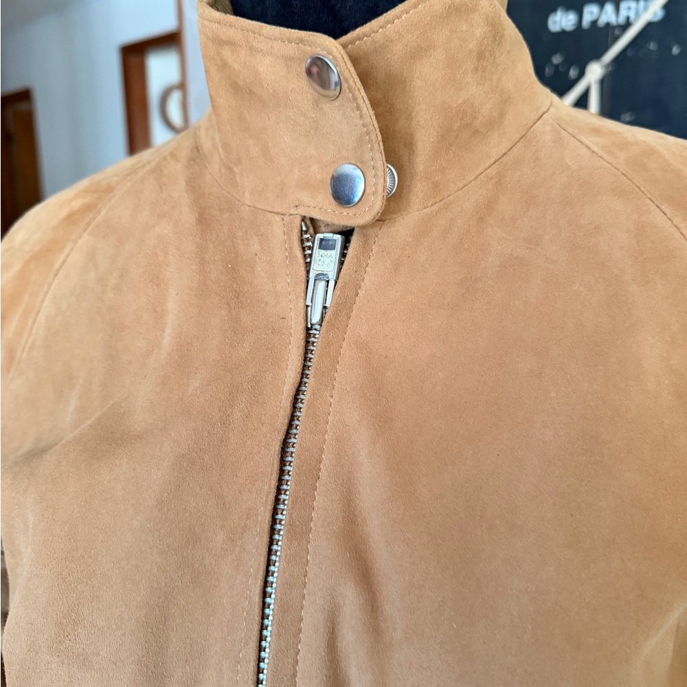 Women’s Tan Suede Zip Front Jacket with Stand Collar